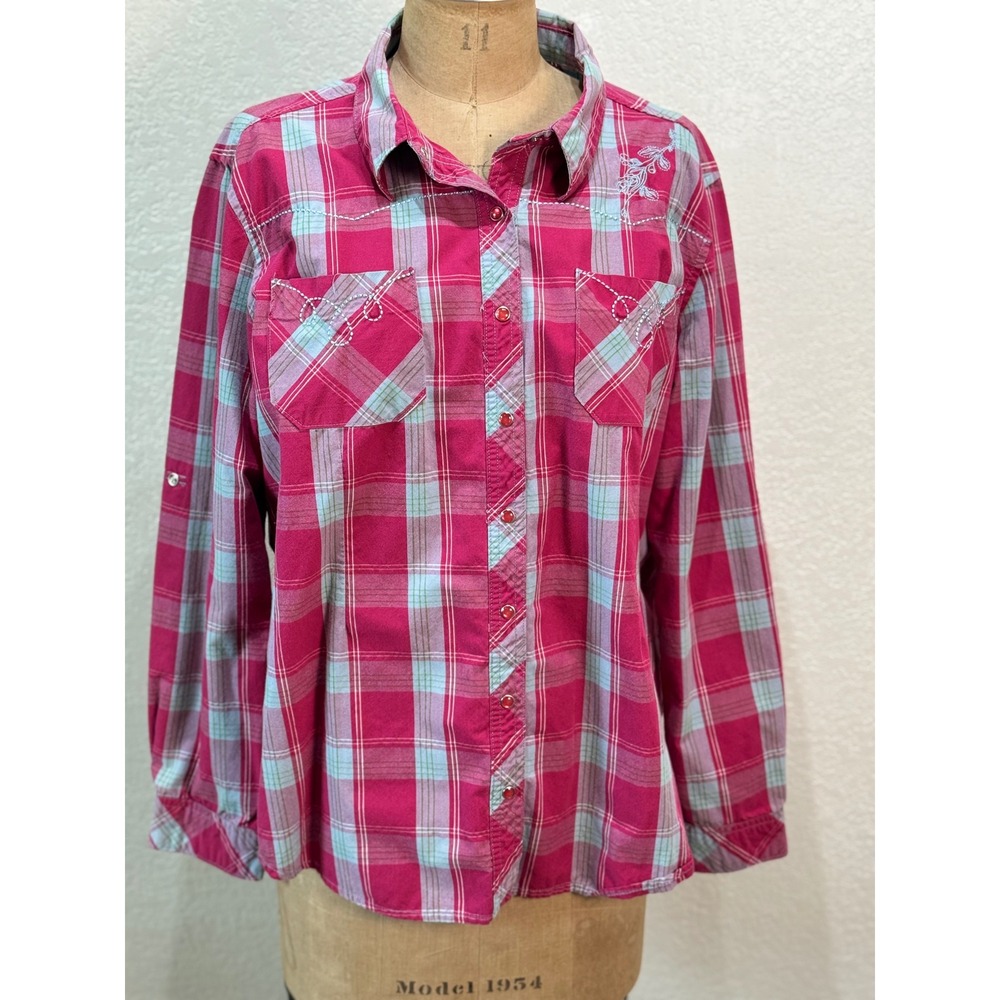 Bit & Bridle Pink Plaid Turquoise Embroidered Western Pearl Snap Shirt XL